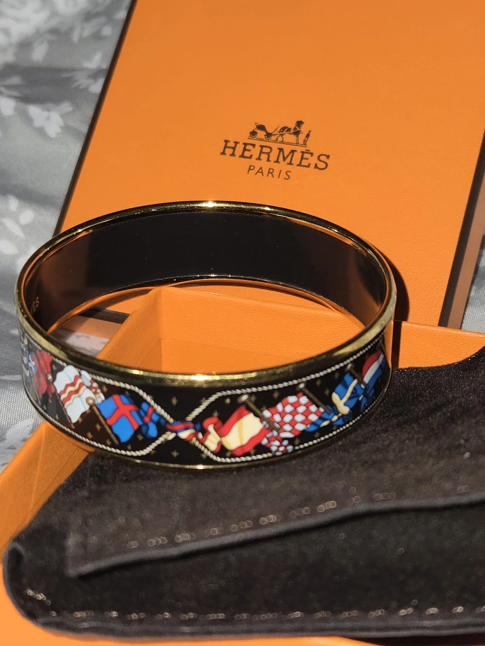Hermes Vintage Black Enamel & Gold Flag Motif Bangle
